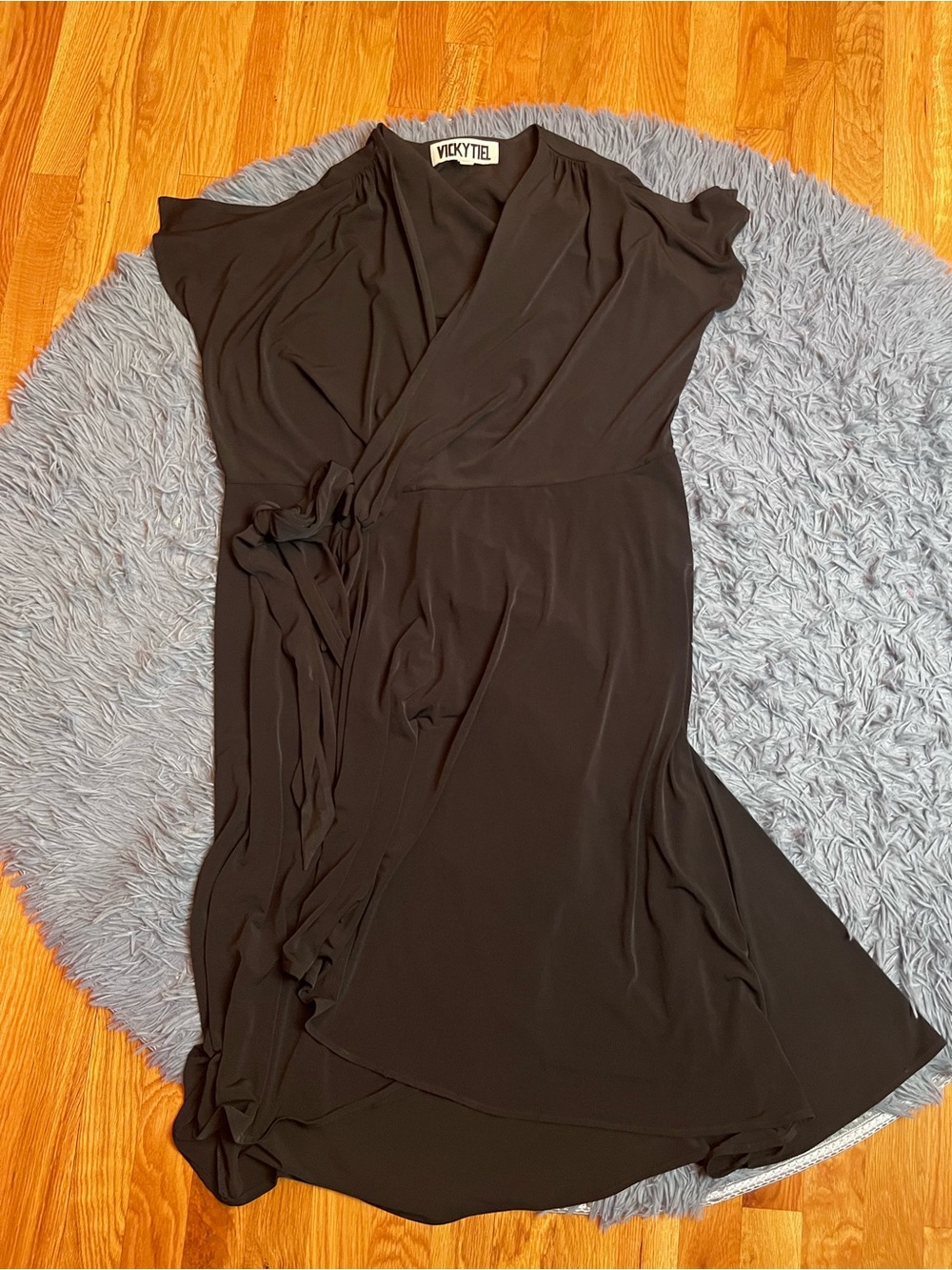 VICKY TIEL Black Full Wrap Jersey Knit Slinky Midi Dress Size XL